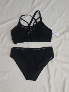Black Lace-Trim Strappy Bikini Set - Women's Swim